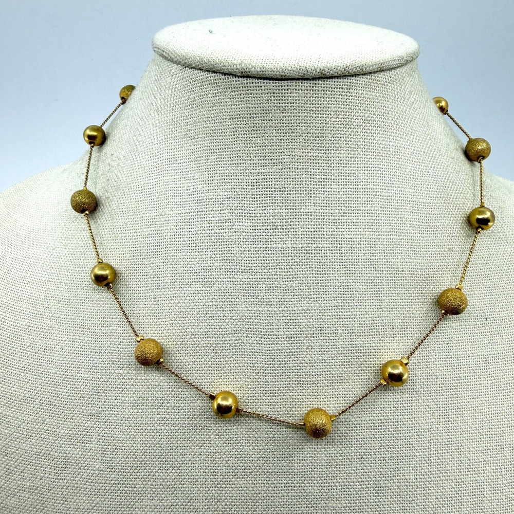 Gold Tone Bead Station Necklace Stardust Texture Delicate Chain Minimalist Gift